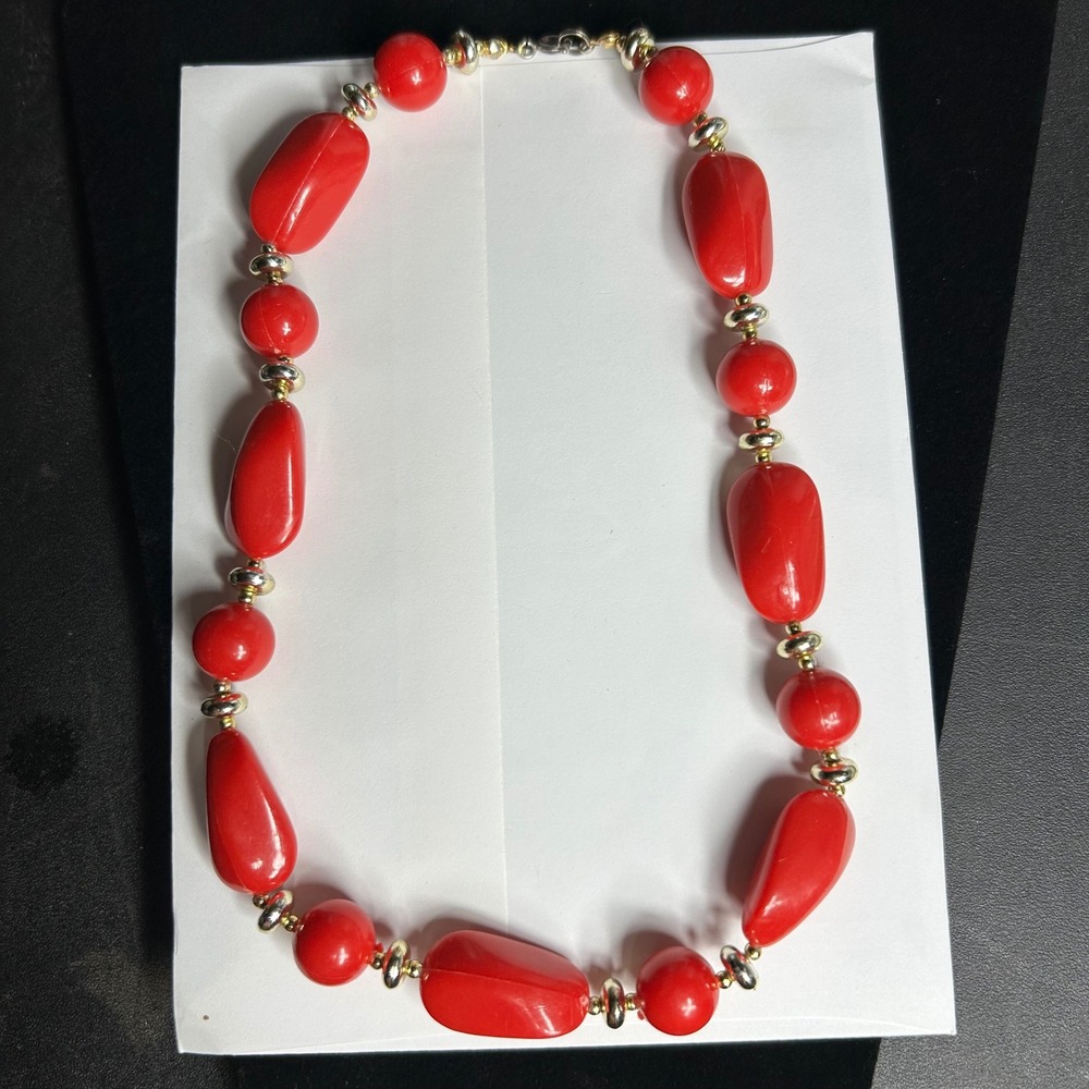 Vintage Red Lucite Chunky Bead Necklace Gold Tone Spacers 17.5 Inch Statement